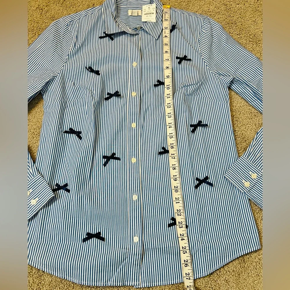 NWT! J. Crew Navy Striped Bow Button-Up Shirt in Color Banker Stripe Size Medium - Picture 6 of 8